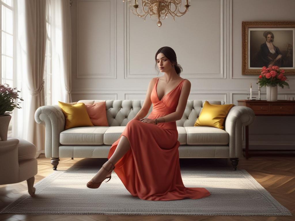 A graceful woman in an elegant dress, sitting comfortably in