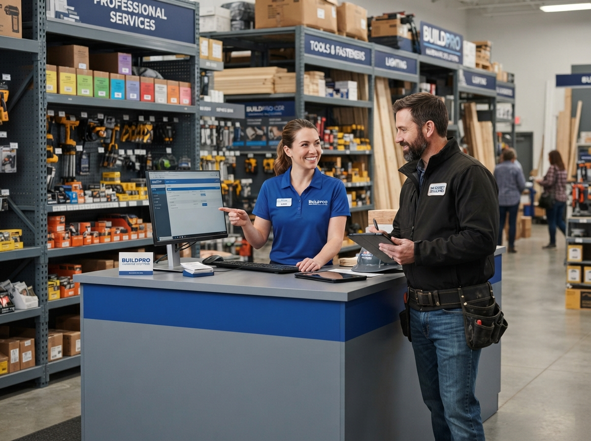 Support representative assisting a contractor at a hardware store service counter