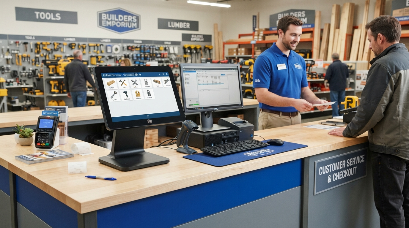 Point of sale terminal and workstation at a building supply store counter