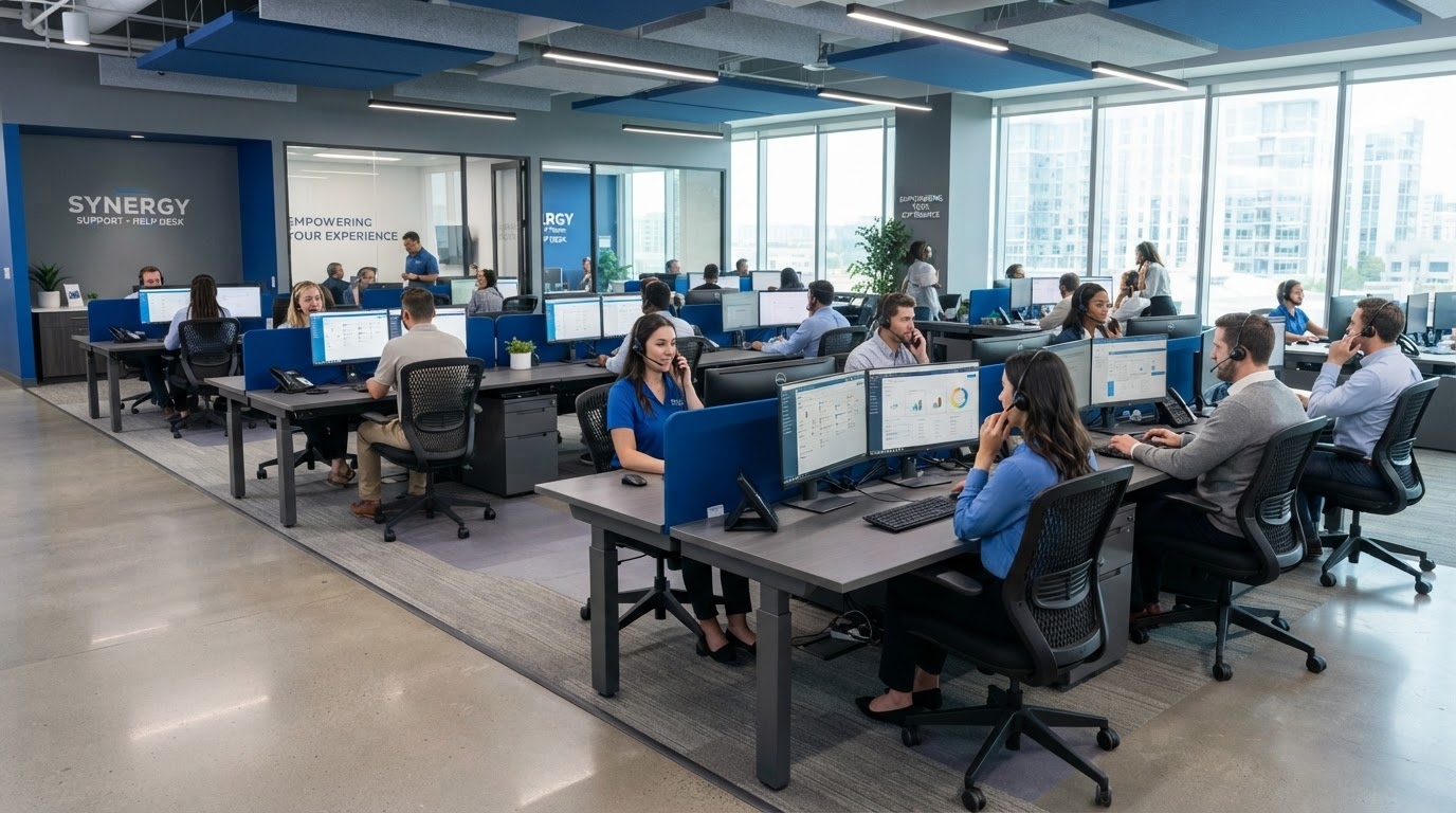 Sierra Stone support agents at a modern helpdesk center serving hardware retailers