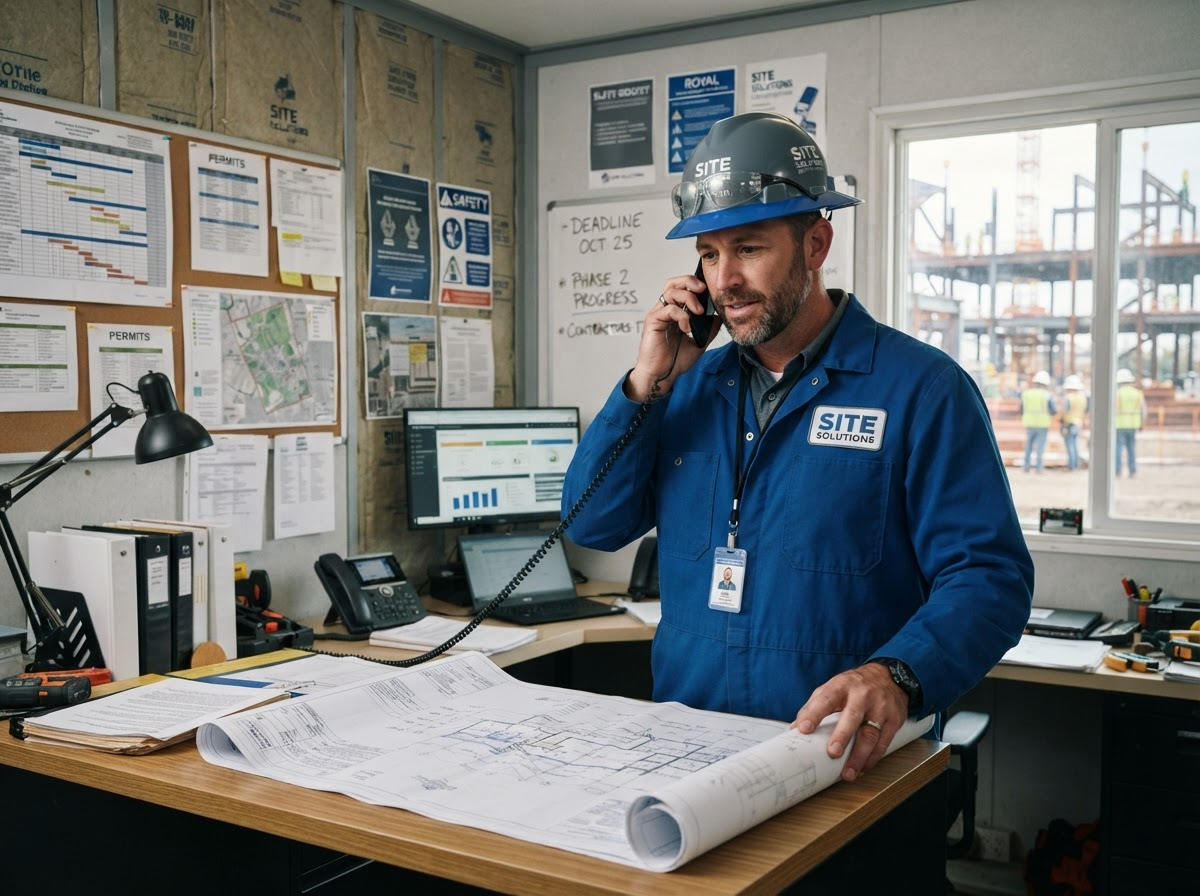 Contractor in work clothes and hard hat calling the trade hotline from a site office