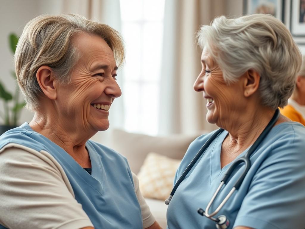 **AI Image Generation Prompt:**

Create a realistic high-resolution photo that reflects the theme "Resources For The Community." The composition should be simple and clear, featuring a single subject that embodies the essence of home health care. 

Subject: Depict a compassionate home health care nurse, mid-30s, with a warm smile, wearing a light blue scrubs uniform with a stethoscope around their neck. The nurse should be engaged in a friendly conversation with a senior citizen, showcasing a caring and sup