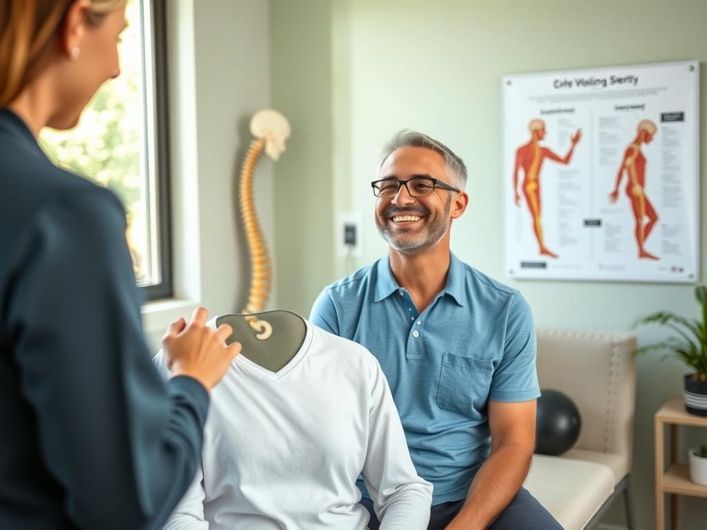 Create a realistic high-resolution photo that embodies the title "Understanding the Benefits of Chiropractic Care." The composition should be simple and clear, featuring a single subject: a happy, healthy adult in a well-lit chiropractic clinic setting. The subject should be depicted in a relaxed pose, perhaps seated on a chiropractic adjustment table or standing next to a chiropractor, who is engaging with them in a supportive manner. 

The background should include elements that indicate a professional en