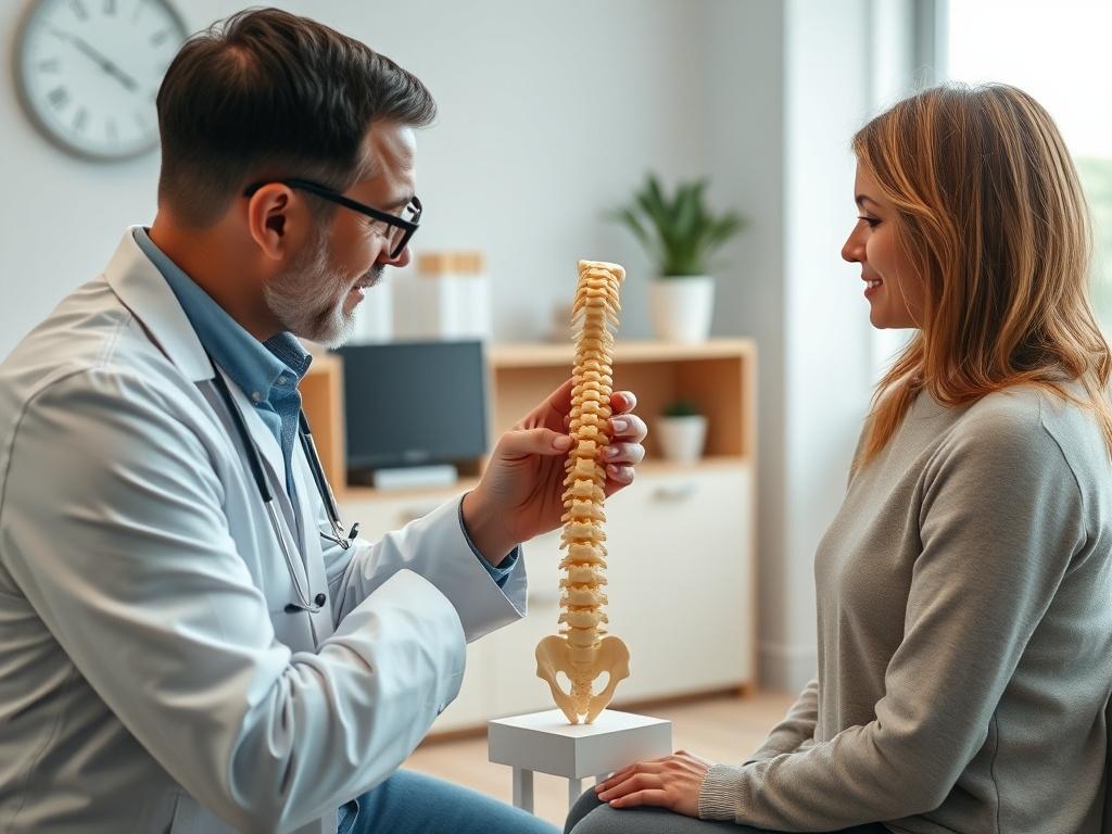 A chiropractor discussing a treatment plan with a patient, using a model of the spine to illustrate points, in a bright and welcoming clinic environment.