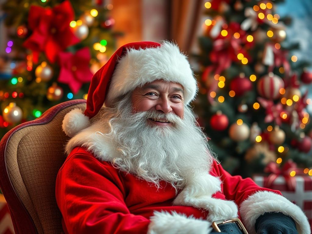A heartwarming scene of Santa Claus smiling warmly while sitting on a festive chair, surrounded by colorful holiday decorations including Christmas lights, a beautifully decorated tree, and snowflakes gently falling in the background. The focus is on Santa, capturing his joyful expression, with a cozy and inviting atmosphere.