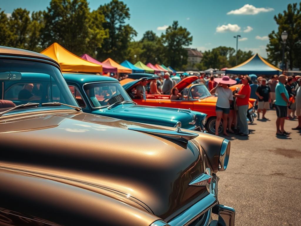 A vibrant scene capturing a Car & Truck Show held on a sunny day. The focus is on a classic car parked prominently in the foreground, showcasing its shiny exterior and detailed craftsmanship. In the background, excited visitors admire various vehicles, with colorful tents and food stalls lining the area. The atmosphere is lively and festive, reflecting the joy of community and automotive passion. The image should be shot with a 45mm f/1.2 lens for a hyper-realistic close-up effect.