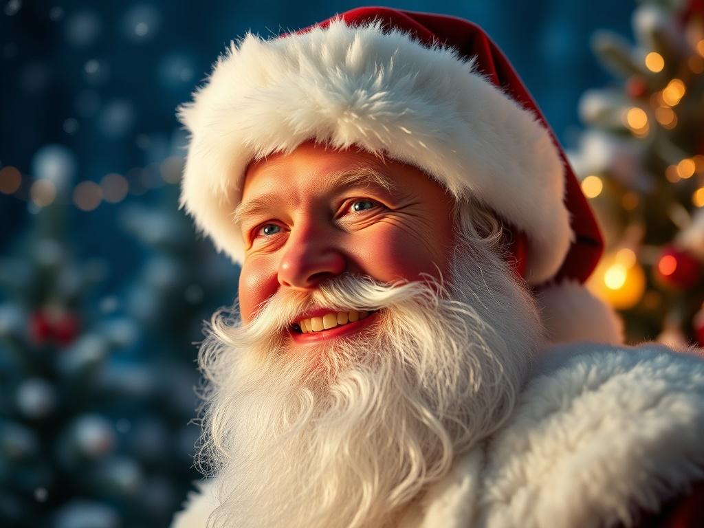 A close-up shot of Santa Claus, smiling warmly with a twinkle in his eye, wearing his classic red suit and hat. The background features a festive winter scene with softly falling snowflakes, twinkling lights, and evergreen trees. The photo should capture the warmth and joy of the holiday season, focusing solely on Santa as the subject, shot with a 45mm f/1.2 lens.