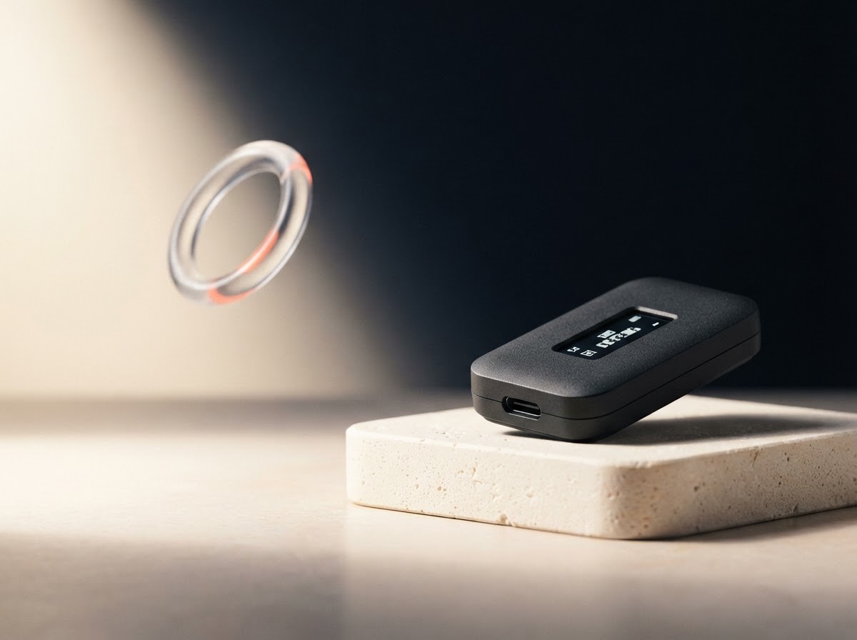 A hardware wallet device in a softly lit, secure-looking studio setting