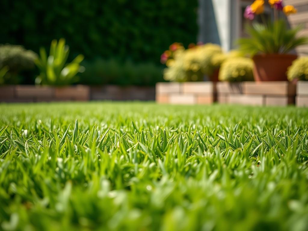 A close-up shot of a beautifully installed artificial grass lawn, showcasing the rich green color and realistic texture of the synthetic grass. The composition should be simple and clear, focusing solely on the lush grass with a blurred garden background. The lighting should be natural and bright, highlighting the quality and vibrancy of the artificial grass.