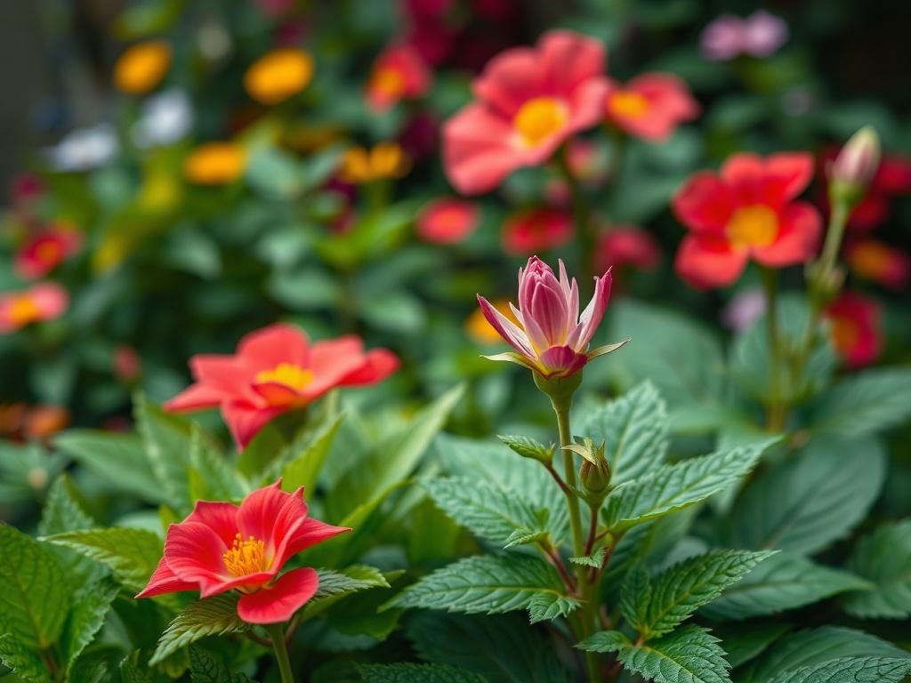 A hyper-realistic close-up shot of a lush green garden, featuring vibrant plants and flowers in full bloom. The background should be softly blurred to emphasize the rich textures and colors of the foliage. The composition should focus on a single, striking plant or flower that represents elegance and vitality, shot with a 45mm f/1.2 lens.