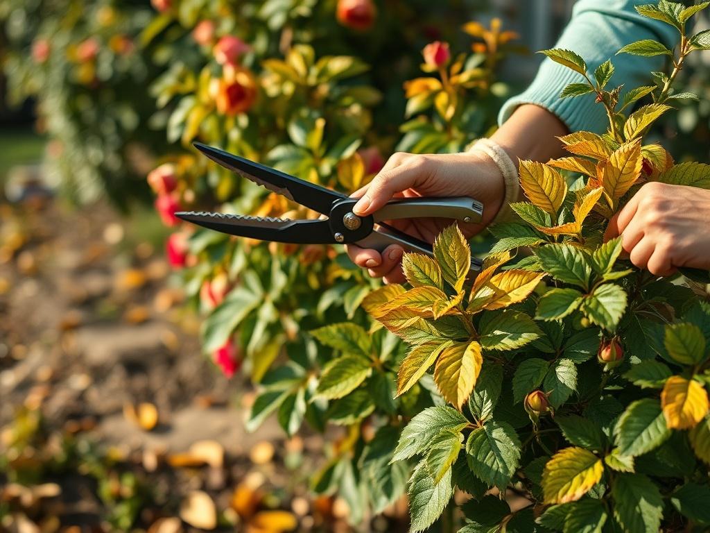 Create a hyper-realistic high-resolution image that embodies the theme "Endless Leaves." The composition should be simple and clear, featuring a single close-up subject: a pair of gardener's hands gently trimming back rose bushes. The hands should be visible in a natural, relaxed position, using sharp pruning shears to cut away the dense foliage of vibrant green leaves with hints of yellow and orange, signaling the transition into autumn. 

The background should provide a soft, blurred garden setting that s