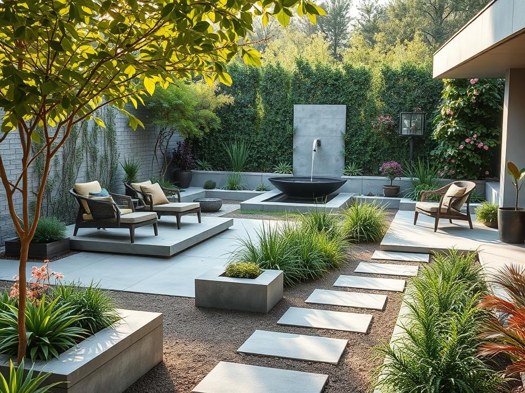 A beautifully designed modern garden showcasing a blend of lush greenery and contemporary landscaping elements. The garden features geometric flower beds, elegant pathways made of natural stone, and stylish outdoor furniture. Soft sunlight filters through the leaves, creating a warm atmosphere. In the background, a minimalist water feature adds a tranquil touch, surrounded by a variety of plants with vibrant colors. The composition is clean and visually appealing, emphasizing the harmony between nature and 