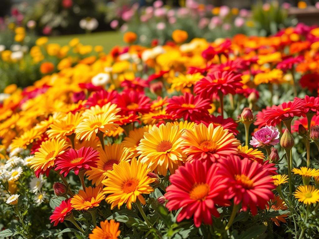 A vibrant display of seasonal flowers in full bloom, showcasing a variety of colors and textures in a well-organized garden bed. The composition should highlight the diversity of plants, with clear distinctions between different seasonal blooms. The background should feature a sunny day, enhancing the colors of the flowers and creating an inviting atmosphere.