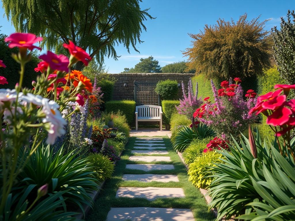A beautifully designed garden with a mix of vibrant flowers, lush greenery, and a small seating area. The composition should feature a serene pathway leading through the garden, surrounded by various plants and flowers, with a clear blue sky in the background. The focus should be on the intricate details of plants, showcasing the elegance and functionality of the garden design.