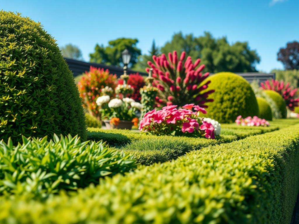 A realistic high-resolution photo of a lush garden designed by a professional landscaper. The image features vibrant green plants, well-manicured hedges, and blooming flowers in a harmonious arrangement. The focus is on the intricate details of the garden with a softly blurred background of a clear blue sky. Shot with a 45mm f/1.2 lens style, showcasing the depth of field and the beauty of nature.