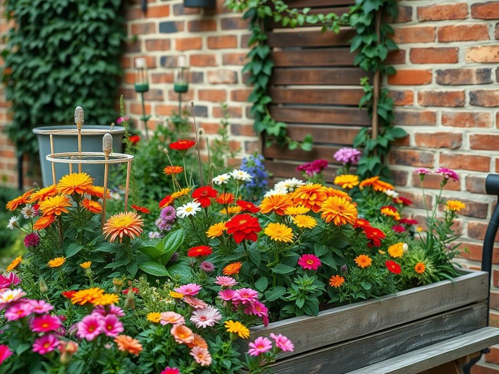 Create a realistic high-resolution photo capturing the essence of a small garden space designed for optimal transformation. Focus on a single beautifully arranged flower bed overflowing with vibrant seasonal flowers in full bloom, showcasing a variety of colors and textures. The composition should emphasize the clever use of vertical space through the incorporation of climbing plants on a stylish trellis. Ensure that the background features a quaint brick wall gently adorned with ivy, providing a warm and i