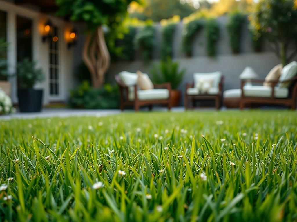 A close-up shot of a beautifully manicured natural lawn, with vibrant green grass and delicate flowers, showcasing the texture and richness of the grass. In the background, a stylish hotel garden setting can be seen, with comfortable seating and elegant landscaping elements. The lighting is soft and warm, capturing the essence of a serene outdoor space. The composition is simple and clear, focusing on the lush lawn as the main subject.