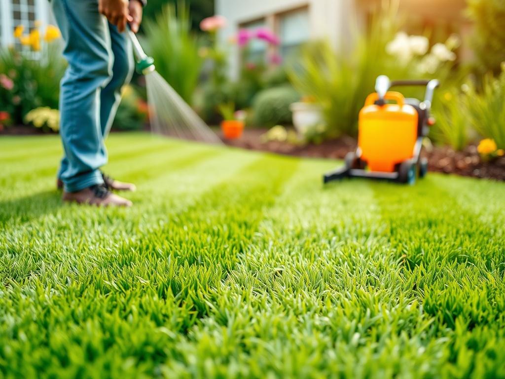 A high-resolution close-up shot of a beautifully manicured lawn with a line pattern, showcasing vibrant green grass and a gardener applying treatment. The gardener is in the process of spraying a natural lawn treatment, creating a sense of care and attention. The background is softly blurred to emphasize the lawn, with a few flowers and garden tools subtly visible, all rendered in hyper-realistic detail.