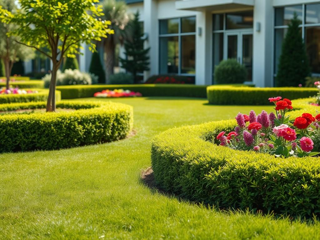 A close-up shot of a well-manicured commercial garden space, featuring neatly mowed lawns, trimmed hedges, and vibrant planting areas. The composition is simple and clear, focusing on the lush greenery and colorful flowers. The background is softly blurred to emphasize the maintenance quality of the garden, showcasing a welcoming and polished exterior suitable for a business environment. The overall lighting is bright and inviting, capturing the essence of professional garden care.