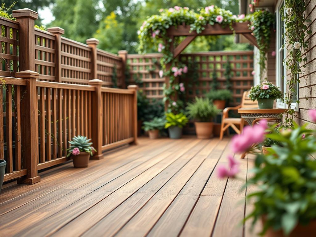 A hyper-realistic close-up shot of a beautifully crafted wooden deck in a garden setting, featuring elegant fencing and a stylish trellis adorned with climbing plants. The focus should be on the texture and finish of the decking, showcasing the quality of the wood. The background should blur softly, highlighting the vibrant greenery and flowers surrounding the deck, captured with a 45mm f/1.2 lens style.