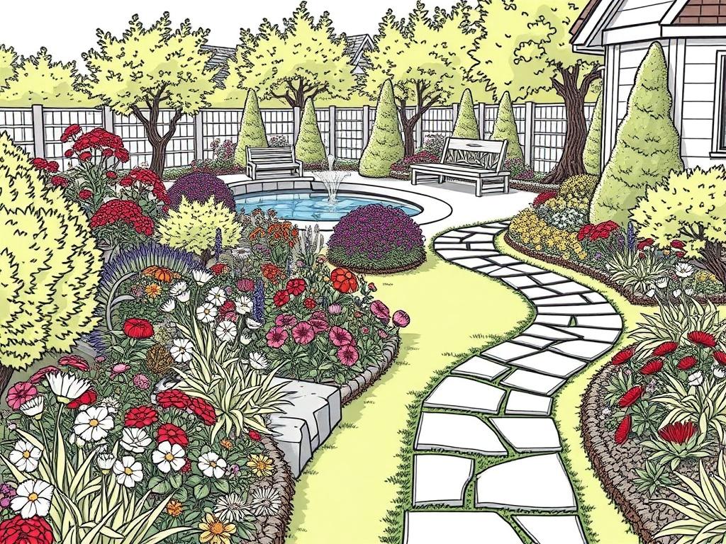 A beautifully designed garden showcasing a harmonious blend of flowers, shrubs, and trees in a residential setting. The garden features a winding stone path leading through vibrant flower beds filled with colorful blooms. In the background, there is a serene water feature, and a cozy seating area made of natural wood. The composition should be simple and clear, emphasizing the elegance and functionality of the garden design, with a bright and sunny day as the backdrop.