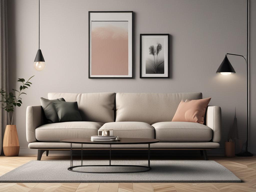 A hyper-realistic close-up shot of a modern, stylish living room interior designed with warm, inviting tones. The focus is on a sleek, minimalistic sofa with textured cushions, a wooden coffee table with a small plant, and soft natural light filtering through large windows in the background. The composition is clean and simple, shot with a 45mm f/1.2 lens style to highlight textures and depth, compatible with the rgb(243, 153, 62) primary color.