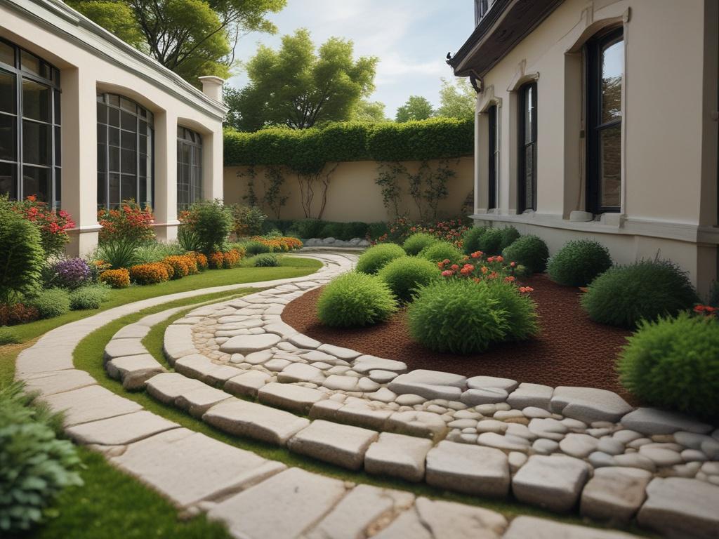 A hyper-realistic close-up photo of a beautifully designed outdoor garden space featuring a variety of lush green plants, colorful flowers, and a winding stone pathway. The image is shot with a 45mm f/1.2 lens style, focusing sharply on a vibrant flower cluster in the foreground with a softly blurred background of trees and shrubs. The composition is simple and clear, emphasizing natural textures and rich colors compatible with the rgb(243, 153, 62) primary color, under natural daylight.