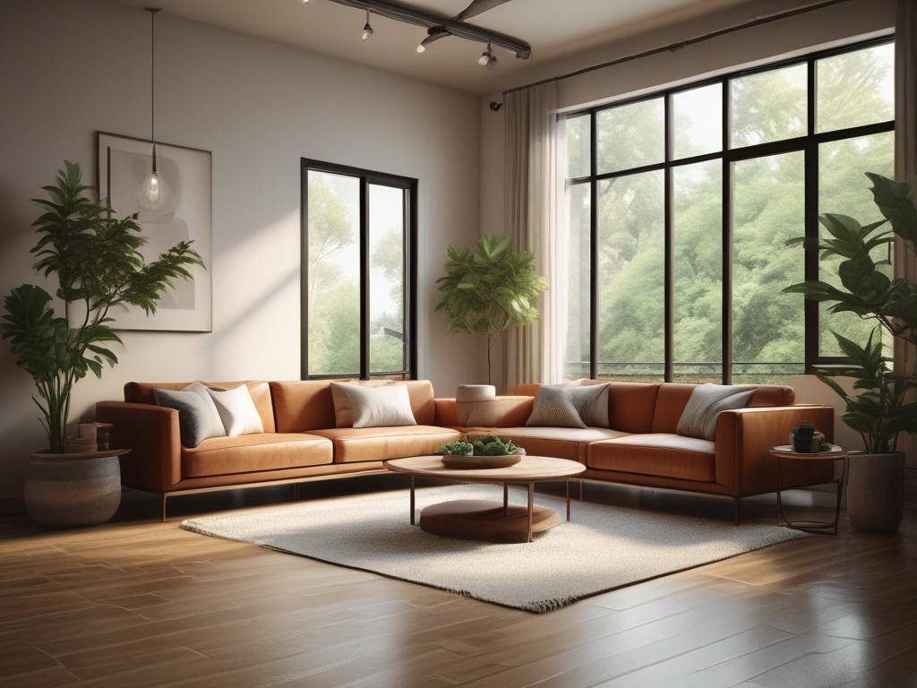 A realistic high-resolution photo showing a serene, modern living room bathed in natural light, featuring elements like wooden accents, indoor plants, and a subtle Vastu compass on a sleek wooden table. The composition focuses on the table with the Vastu compass in the foreground, with the living room softly blurred in the background. The setting is calm and inviting, shot with a 45mm f/1.2 lens style to achieve a shallow depth of field. The color scheme subtly incorporates the rgb(243, 153, 62) primary col