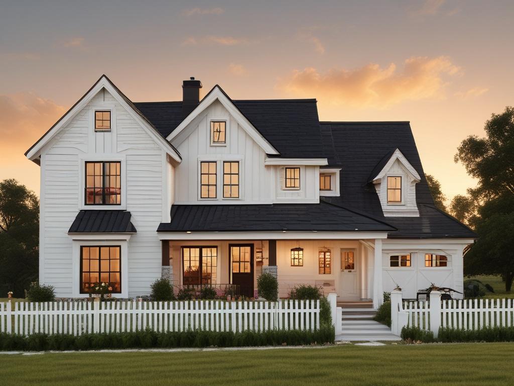 A hyper-realistic close-up photo of a modern farmhouse exterior at golden hour, shot with a 45mm f/1.2 lens style. The focus is on natural wood textures, large glass windows reflecting lush greenery, and warm sunlight casting soft shadows. The background shows a blurred view of trees and rolling hills, with color tones harmonizing with rgb(243, 153, 62) for a vibrant yet natural look.