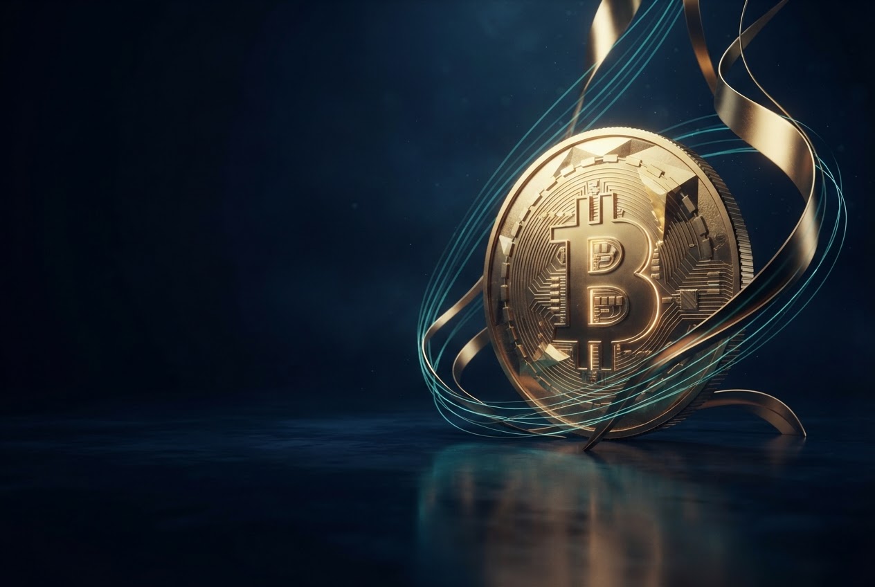A sculptural gold coin with a luminous growth line against a deep navy backdrop