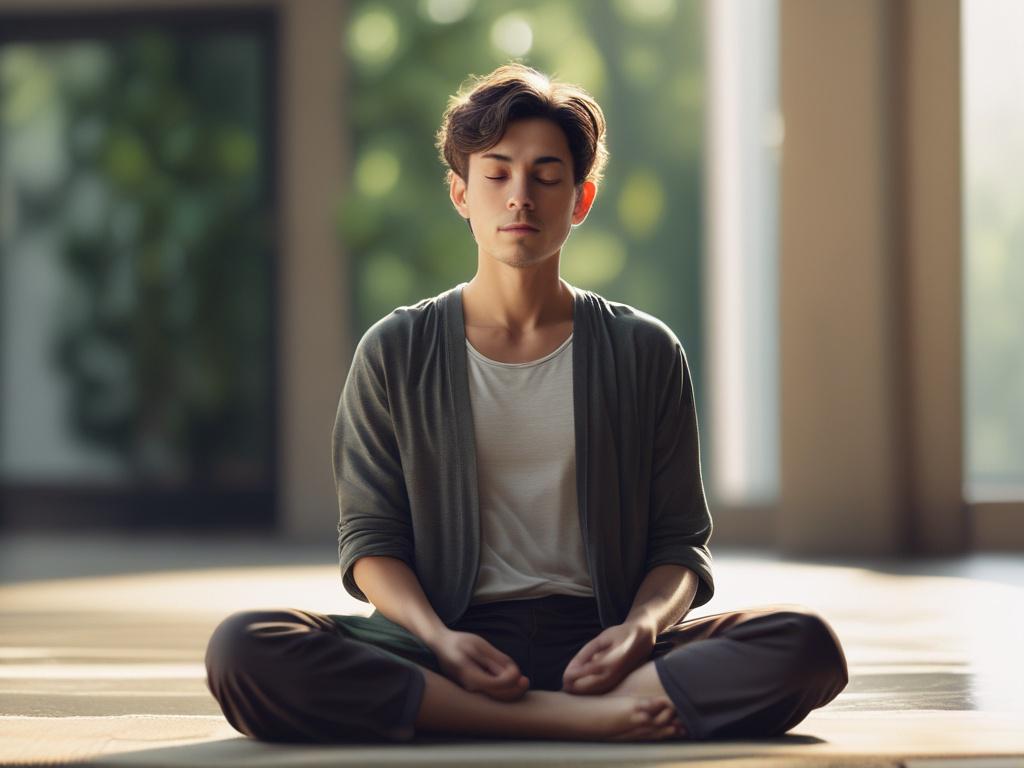 A close-up shot of a serene individual meditating in a peaceful environment, surrounded by soft natural light. The subject has a calm expression, embodying tranquility and mindfulness. The background features a blurred garden scene with greenery, enhancing the sense of relaxation. The image captures the essence of personal well-being, focusing on emotional health.