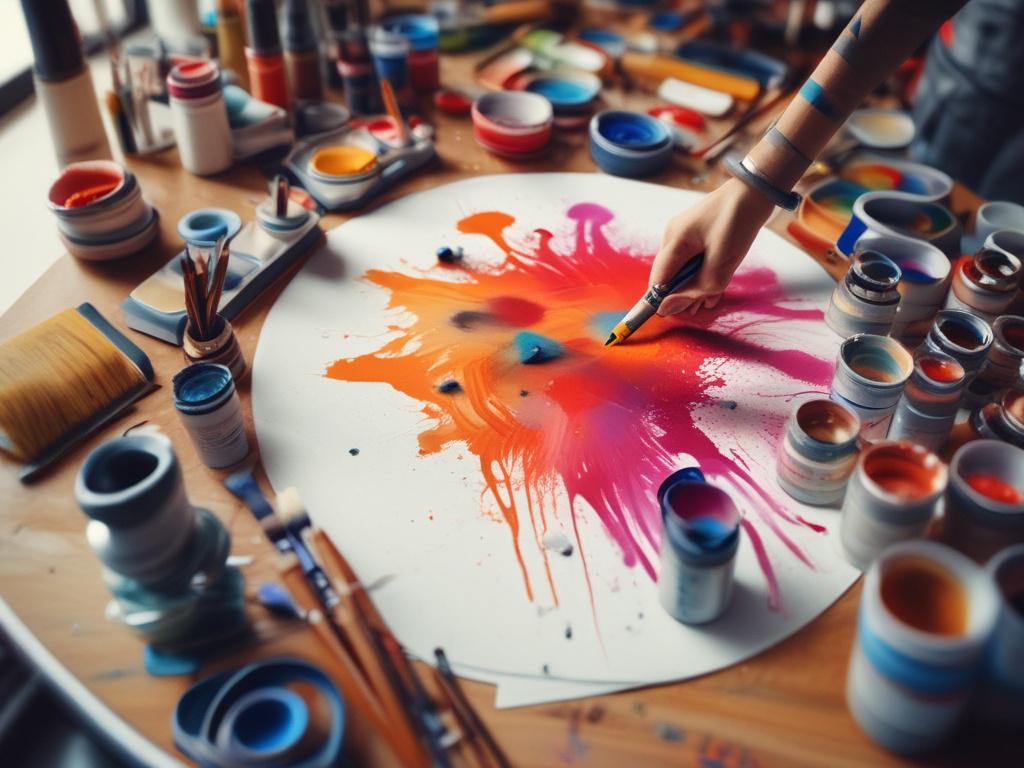 A close-up shot of a vibrant artist's workspace, featuring colorful paints, brushes, and a blank canvas. The subject is reaching for a paintbrush with a look of excitement and focus, embodying the spirit of creativity. The background is a soft blur of colors, evoking a sense of artistic potential and inspiration.