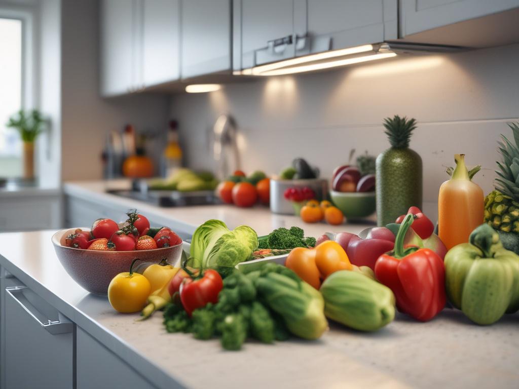 A close-up shot of a modern kitchen countertop featuring an open fridge filled with various colorful ingredients like fresh vegetables, fruits, and condiments. In the foreground, a stylish tablet displays a recipe suggestion, showcasing a beautifully plated dish that highlights the ingredients from the fridge. The background is softly blurred to keep the focus on the tablet and the ingredients, creating a clean and inviting atmosphere. The image should have vibrant colors with an emphasis on green tones, co