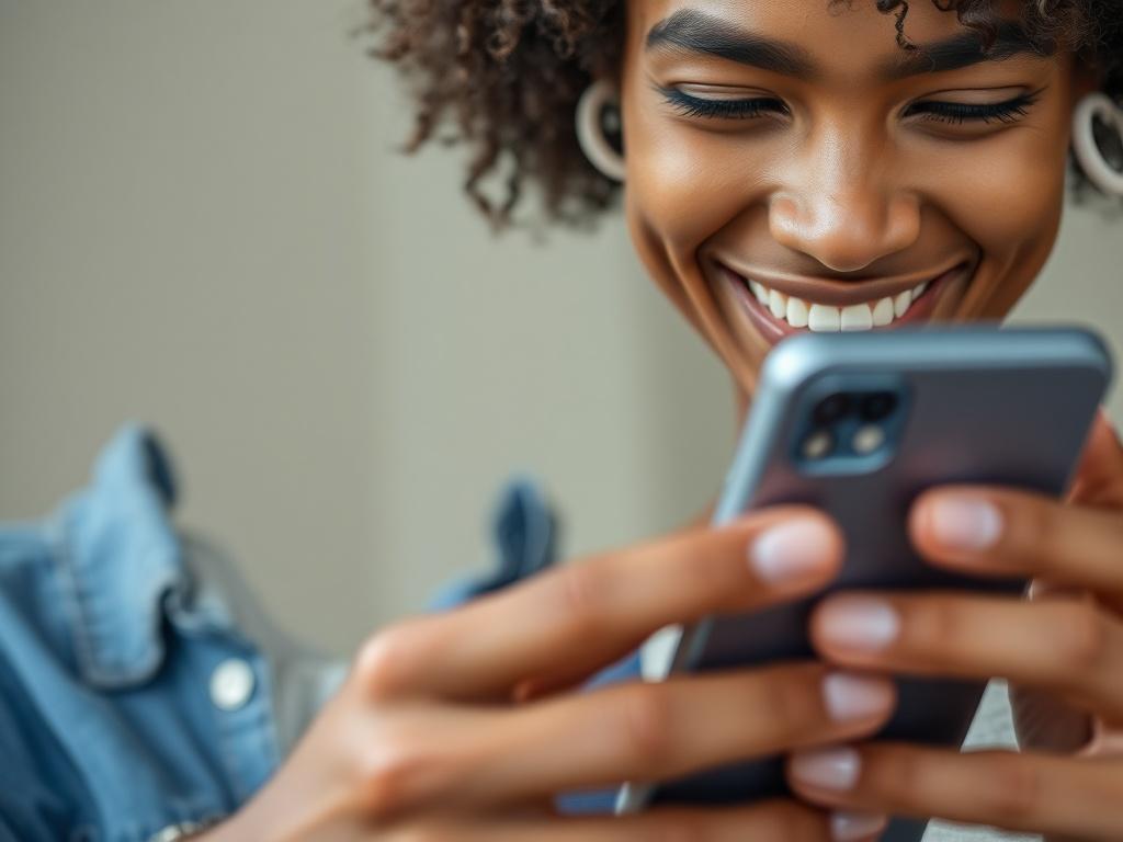 A close-up shot of a person using a smartphone to engage on Facebook. The individual is smiling, showing a sense of connection and joy. The background is softly blurred, emphasizing the subject, while the primary color of rgb(50, 170, 39) is subtly integrated in the scene, perhaps as part of the clothing or phone case. The composition is simple and clear, with a focus on the subject's expressive face.