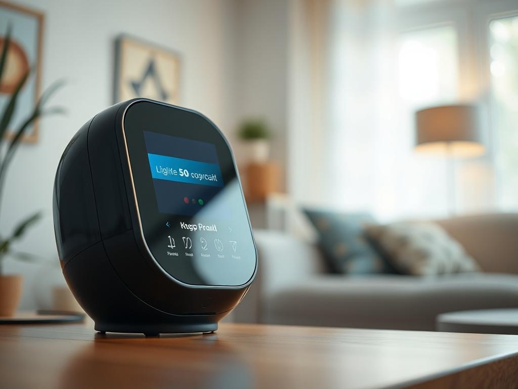 A hyper-realistic close-up shot of a friendly AI life coach assistant, portrayed as a futuristic, sleek device with a soft glowing interface. The background is a calming, serene home environment with soft natural lighting that enhances the warm and inviting feel. The focus is on the device, showcasing its design and features, while the background remains softly blurred to create depth.