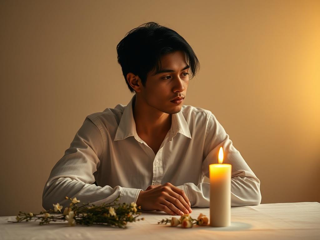 A serene and thoughtful individual sitting at a table with a lit candle, symbolizing reflection and decision-making about marriage. The background shows soft, warm lighting, creating a calm atmosphere. The subject's expression conveys deep contemplation and hope, surrounded by subtle elements like flowers or herbs that represent healing and transformation.
