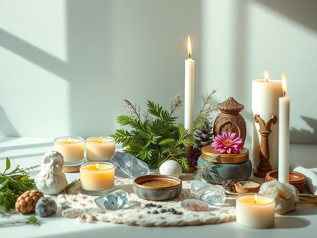 A vibrant image of a ritual space with cleansing herbs,