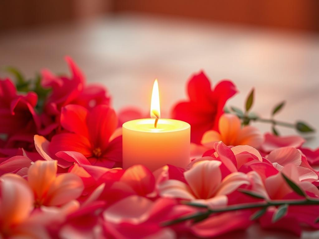 A serene setting with a glowing candle and vibrant flowers,