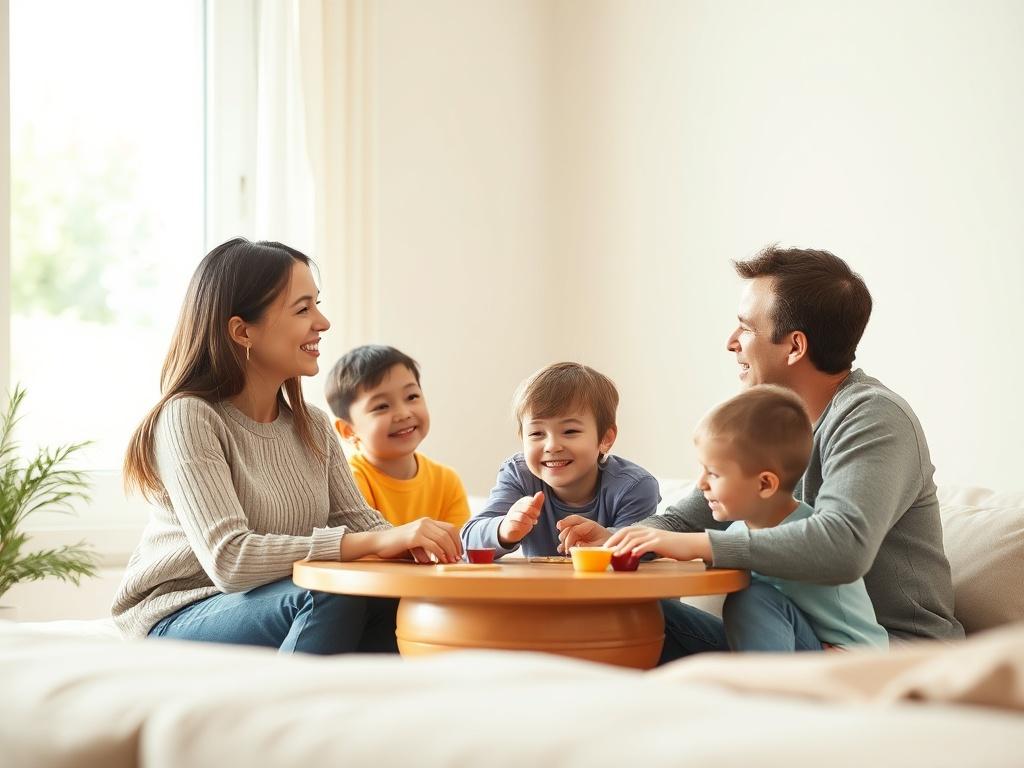 A serene family scene depicting a harmonious gathering of family members, smiling and engaged in conversation. The setting is warm and inviting, with soft natural light streaming in through a window. The focal point is a family of four – a mother, father, and two children – sharing a joyful moment together, perhaps playing a board game or enjoying a meal. The background is minimalistic, emphasizing the warmth and connection between the family members, with a clean and vibrant color palette that evokes feeli