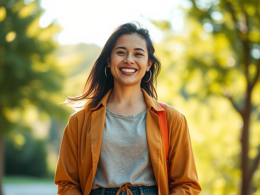 A confident individual standing in a sunlit outdoor setting, radiating positivity and charm. The person has a warm smile and is dressed in stylish, vibrant clothing. The background features soft, blurred greenery, enhancing the focus on the individual. The image captures a moment of genuine joy and allure, emphasizing the person's magnetic presence with realistic high-resolution detail.