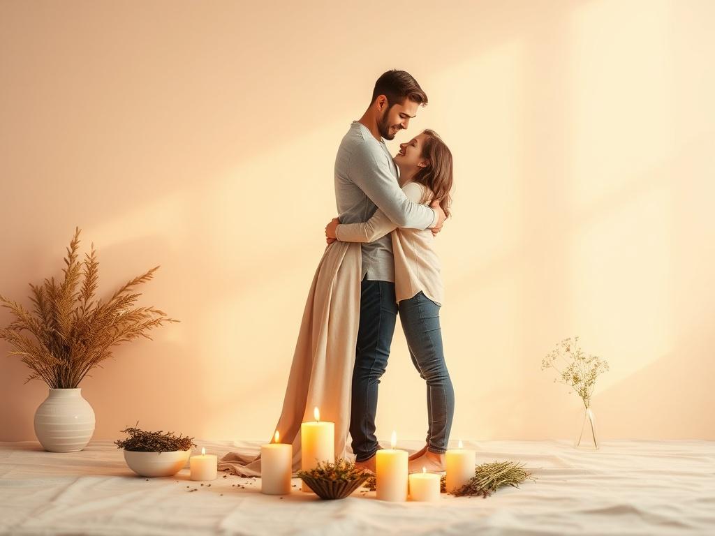A serene and inviting scene depicting a couple happily embracing, symbolizing love and hope for starting a family. The background features soft, pastel colors, with gentle light illuminating the couple. Include elements like candles and herbs subtly arranged around them to evoke a sense of natural healing and spirituality. The overall composition should be minimalistic and focused on the couple, creating a warm and hopeful atmosphere.