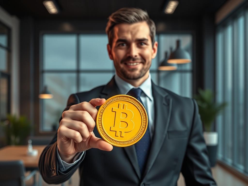 A high-resolution image of a person in a business suit holding a glowing golden coin, symbolizing wealth and success. The background features a modern office with clear lines and bold colors, emphasizing a professional atmosphere. The lighting should be bright, focusing on the coin and the person's confident expression, reflecting attraction and prosperity.