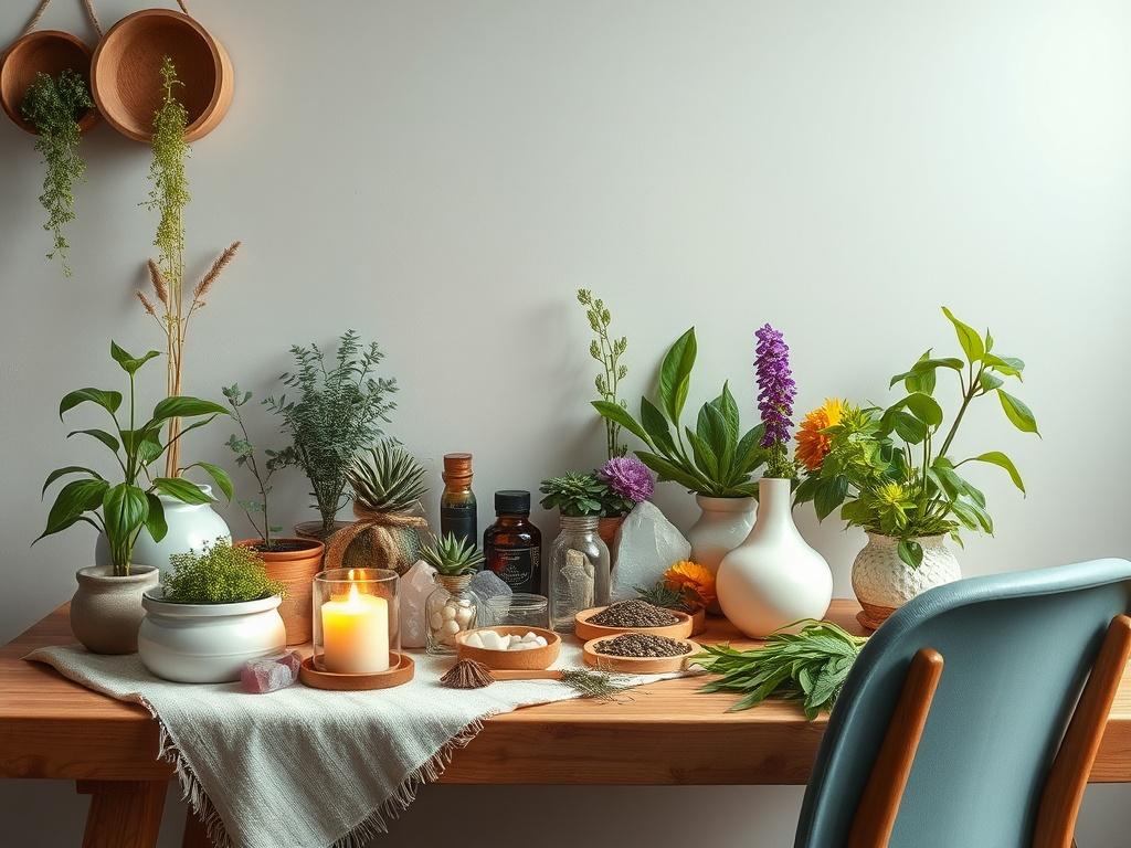 A serene herbalist workspace featuring an array of traditional herbs and natural remedies. The focus should be on a beautifully arranged table with vibrant plants, healing crystals, and a lit candle. The background should be minimalistic, showcasing a calming atmosphere that evokes a sense of peace and spirituality. The colors should be bold and vibrant, reflecting the essence of nature and healing.