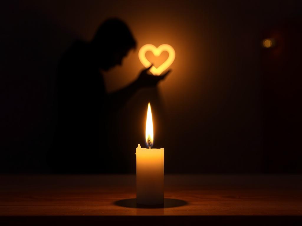 A serene and peaceful setting, with a single candle lit in the foreground, symbolizing illumination and clarity. In the background, a shadowy figure represents deceit, while a soft light illuminates a heart-shaped object, showcasing love and fidelity. The composition should convey a sense of calm determination, with warm and vibrant colors that evoke hope and healing.