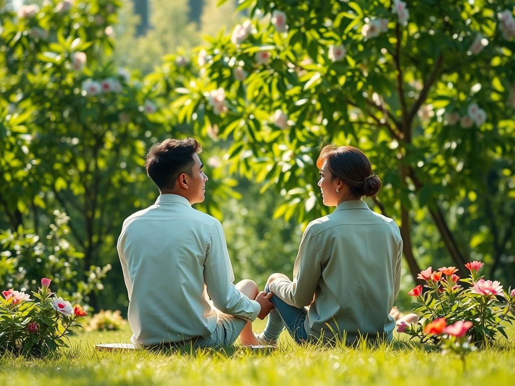 A serene and calming image depicting a couple sitting together in a peaceful garden, looking contemplative and connected. The background features vibrant green foliage and blooming flowers, symbolizing growth and harmony. The couple appears engaged in a heartfelt conversation, with soft sunlight filtering through the leaves. The composition should be minimalistic, focusing on the couple as the main subject, evoking a sense of tranquility and emotional depth.