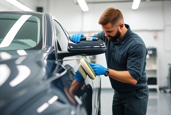 Professional detailer working on vehicle