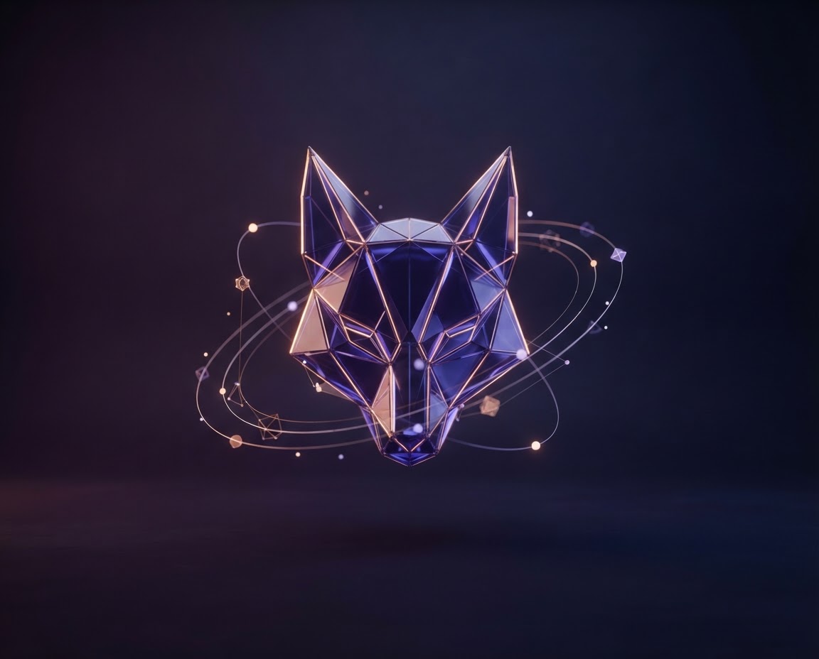 Luminous faceted fox-mask sculpture representing a gateway to web3