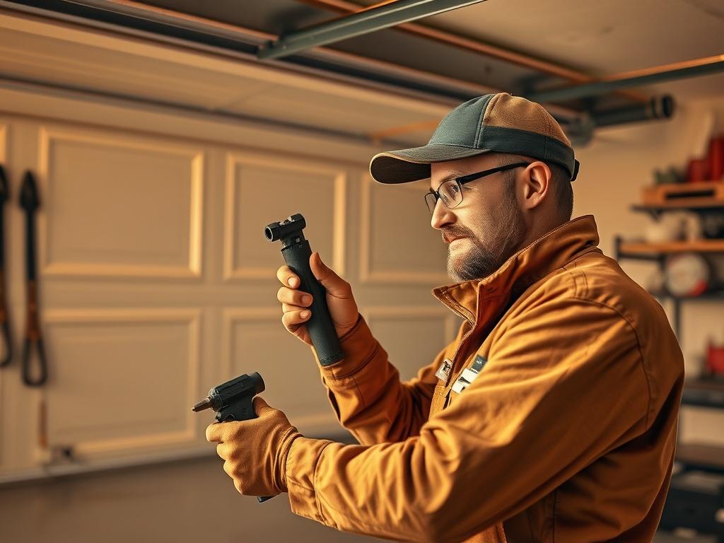 A skilled technician repairing a garage door in a home
