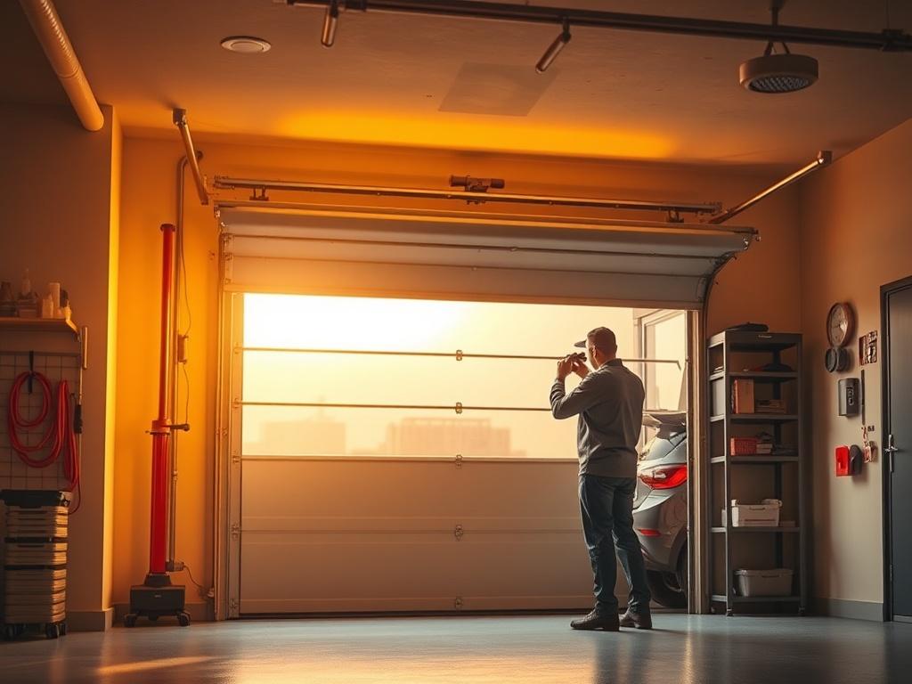 A cozy garage with a modern garage door partially open,