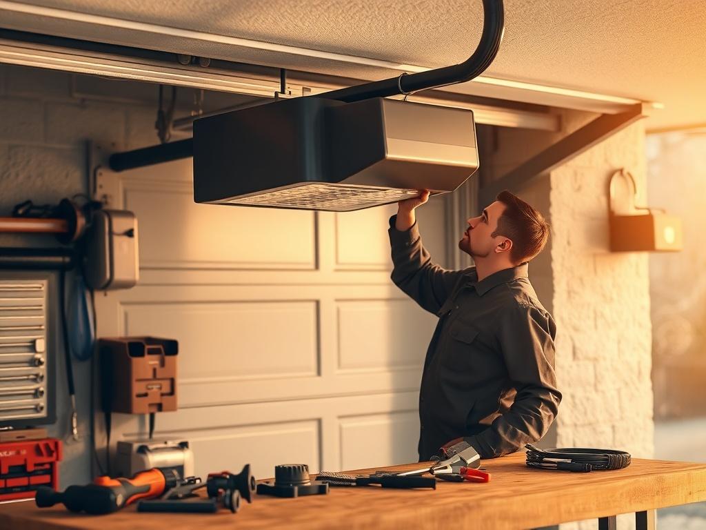 A technician adjusting a modern garage door opener, showcasing tools